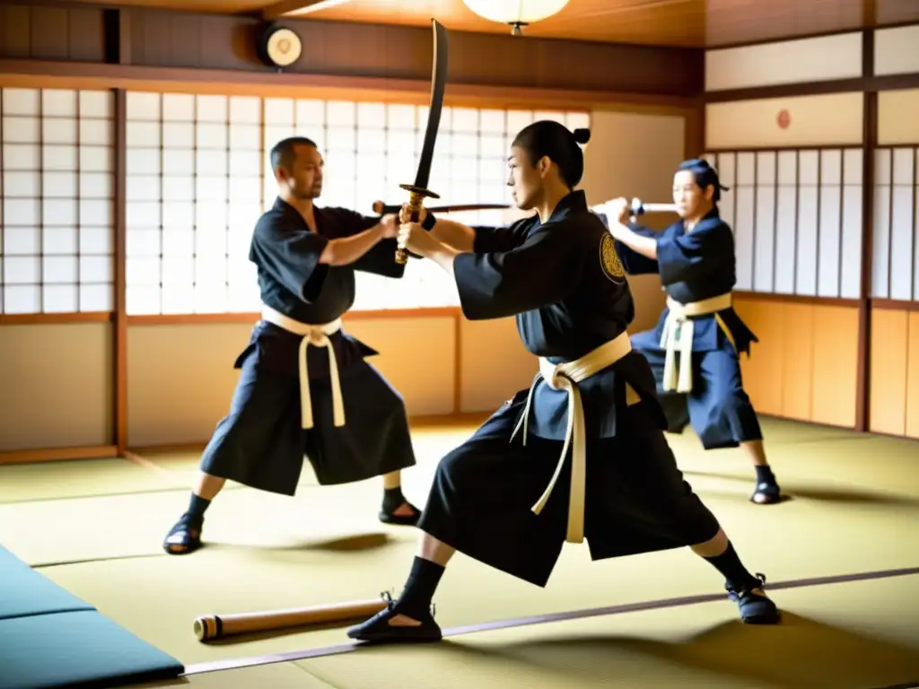 Practicantes de Naginatajutsu en un dojo japonés tradicional, con atuendo samurái, ejecutando movimientos fluidos y precisos con la naginata