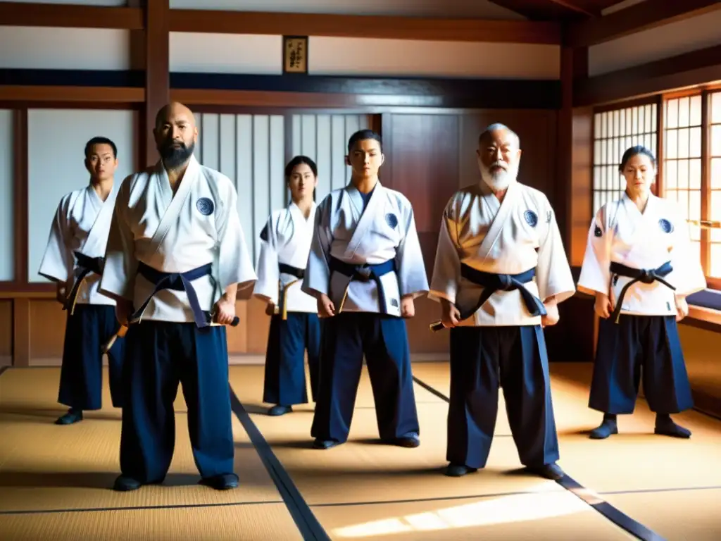 Practicantes de Naginatajutsu en un dojo tradicional, con armas relucientes y maestro guía