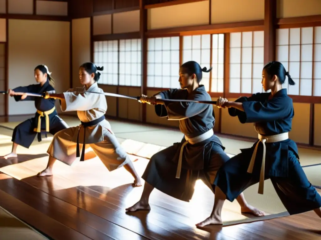 Practicantes de Naginatajutsu en un dojo tradicional, realizando movimientos precisos al atardecer, reflejando disciplina y serenidad