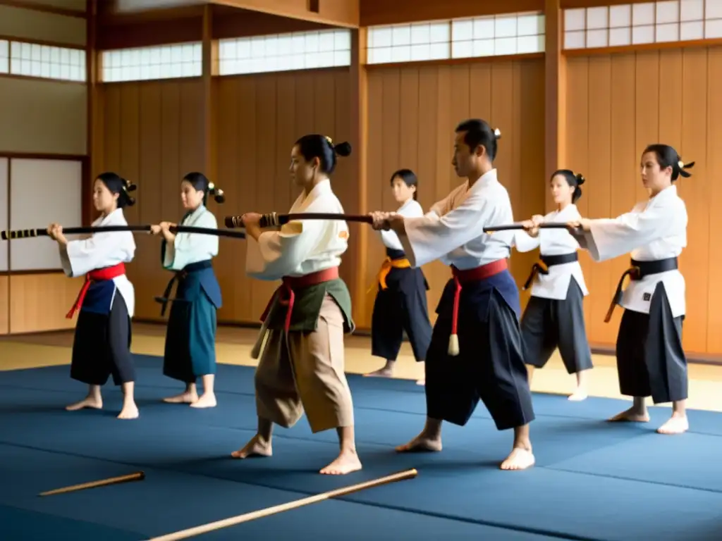 Practicantes de Naginatajutsu en entrenamiento moderno, fusionando tradición y disciplina en un dojo