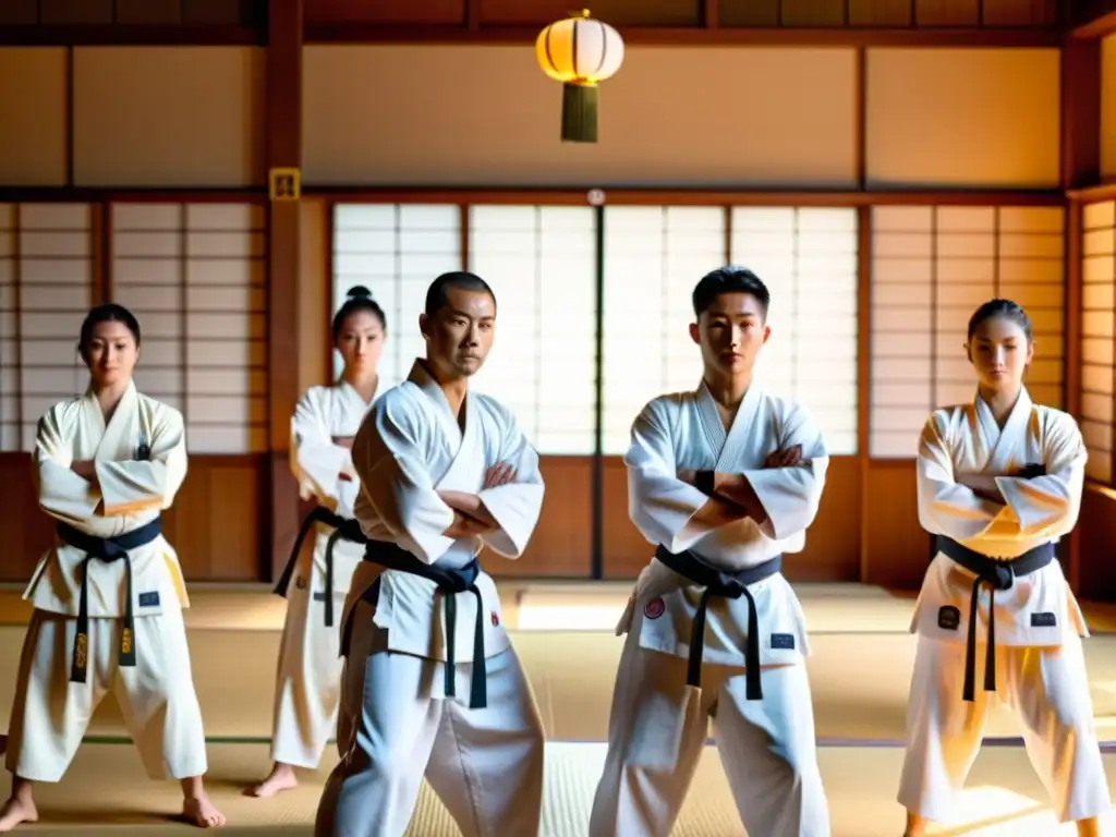 Practicantes de Naginatajutsu realizan entrenamiento moderno en un dojo japonés al atardecer