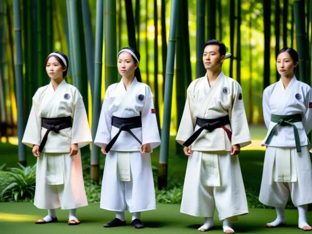 Practicantes de Naginatajutsu en un jardín sereno rodeado de bambú, reflejando la influencia zen en Naginatajutsu