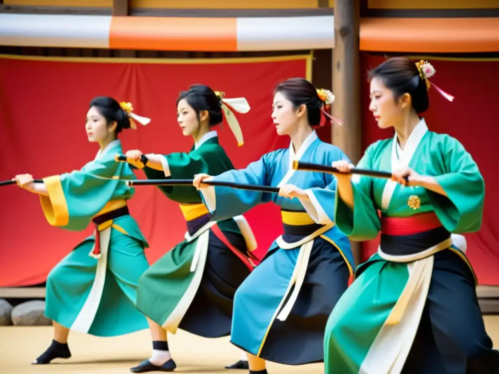 Practicantes de naginatajutsu en trajes tradicionales japoneses, realizando una elegante rutina en festival, mostrando el papel del naginatajutsu en ceremonias japonesas