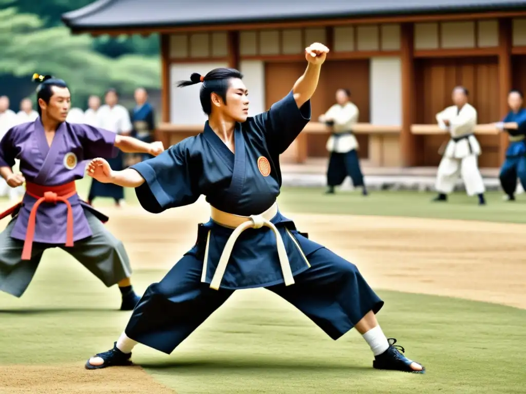 Practicantes de samurái realizando técnicas marciales en el festival Aoi Matsuri