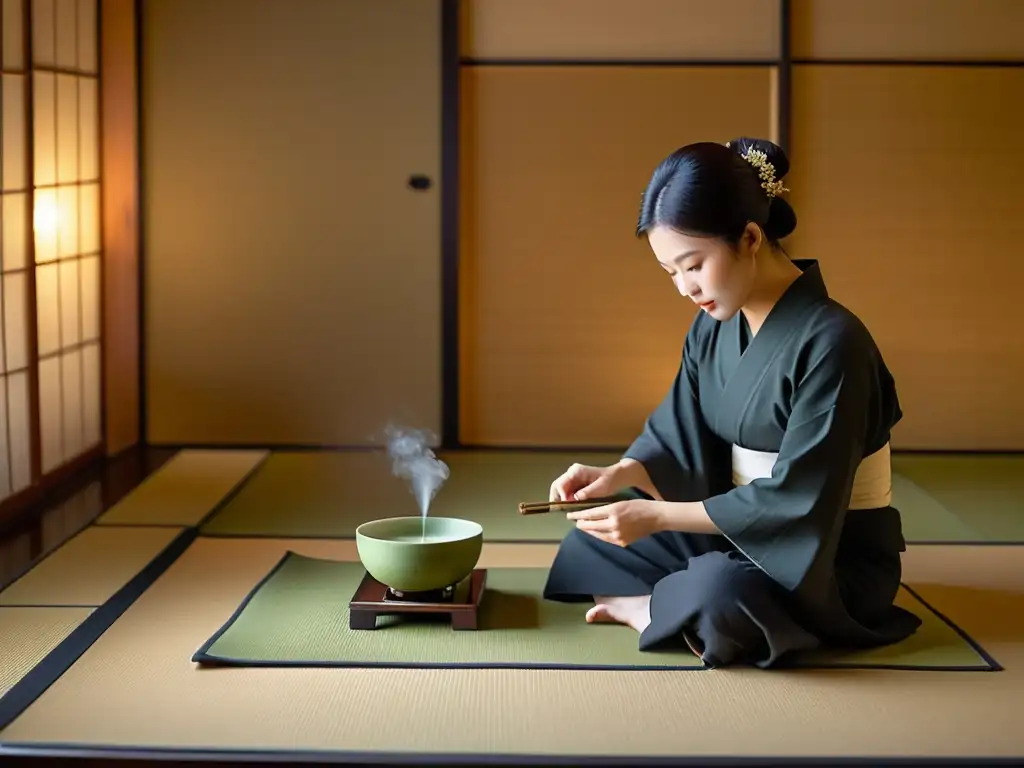 Prácticas samuráis para concentración mental: Ceremonia del té japonesa en tatami con maestro sirviendo matcha y ambiente sereno con incienso y velas