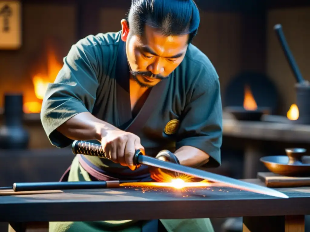 El hábil herrero japonés forja con precisión una espada samurái, rodeado de herramientas tradicionales