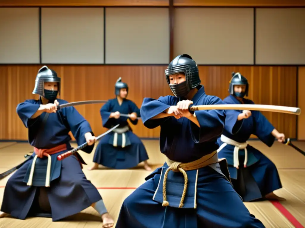 Kendokas ejecutan precisos golpes con sus espadas de bambú en una tradicional rutina de entrenamiento de kendo, mostrando determinación y agilidad