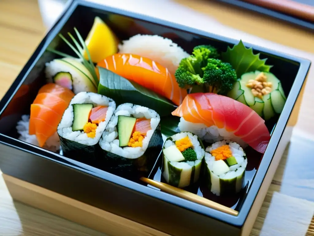 Una presentación de alimentos en la cultura samurái: un bento japonés tradicional con sushi, sashimi y vegetales encurtidos, exquisitamente decorado