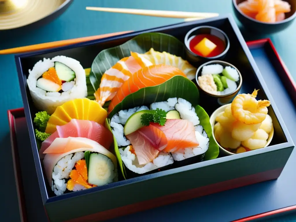 Una presentación de alimentos en la cultura samurái: un bento japonés con sashimi, maki y tempura, exquisitamente dispuestos con precisión y elegancia