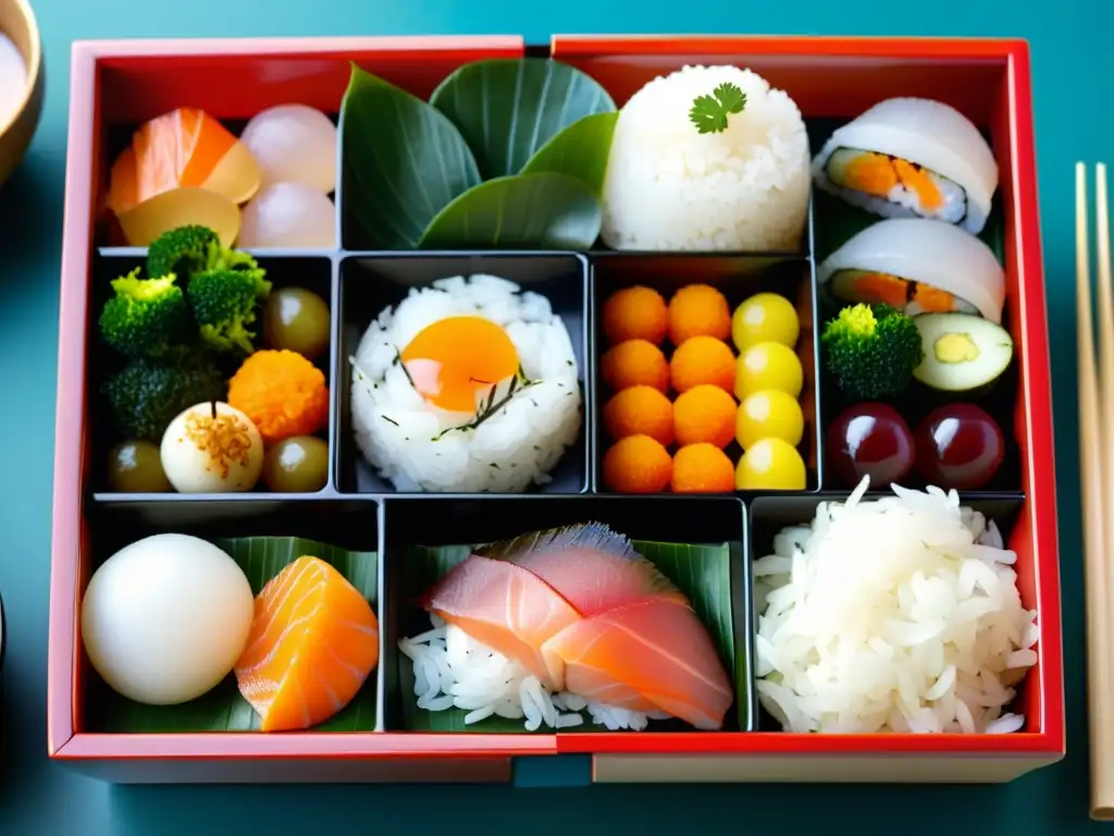 Una presentación de alimentos en la cultura samurái: detallado bento japonés con sashimi, verduras encurtidas y onigiri, mostrando precisión y armonía