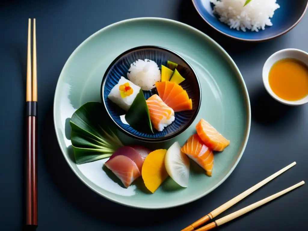 Una presentación meticulosa de un banquete samurái gastronomía tradicional, reflejando armonía, equilibrio y elegancia en la cocina