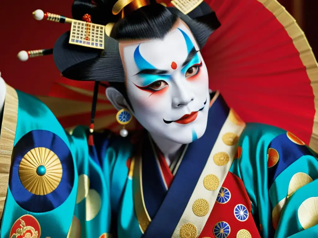 Un primer plano del colorido y detallado traje de un actor kabuki, revelando la rica textura y los patrones ornamentados