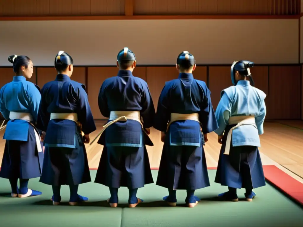 Principios éticos Kendo dojo samurái: Practicantes de kendo se inclinan con respeto en un dojo soleado, destacando su determinación y disciplina