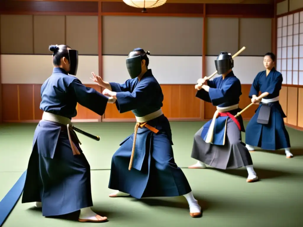 Profesionales corporativos practican Kendo en un dojo tradicional, fusionando disciplina y liderazgo