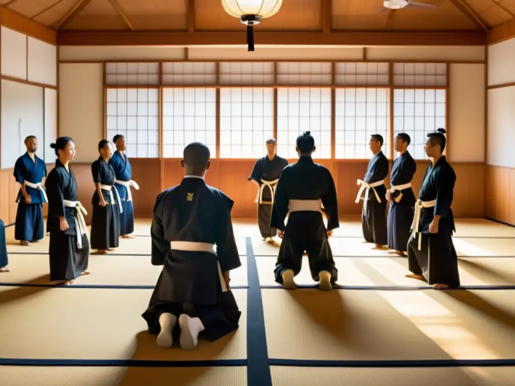 Profesionales modernos en un dojo japonés, fusionando la ética samurái con prácticas empresariales contemporáneas