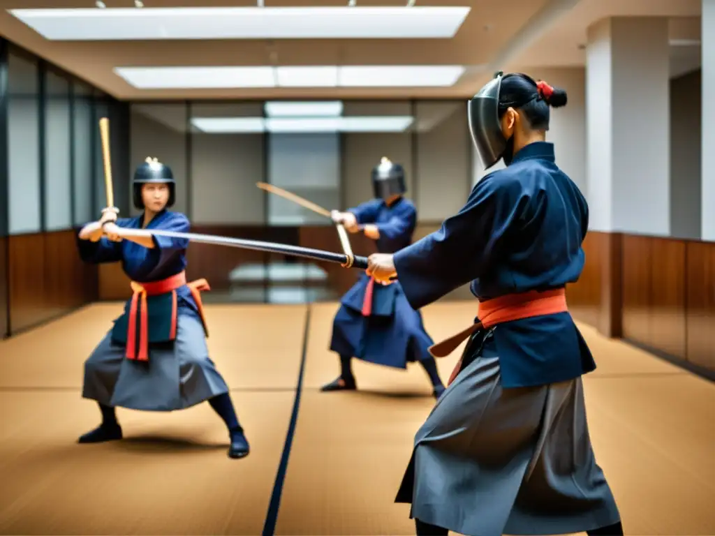 Profesionales ejecutando técnicas precisas de Kendo en una oficina moderna, destacando la influencia del Kendo en el liderazgo corporativo