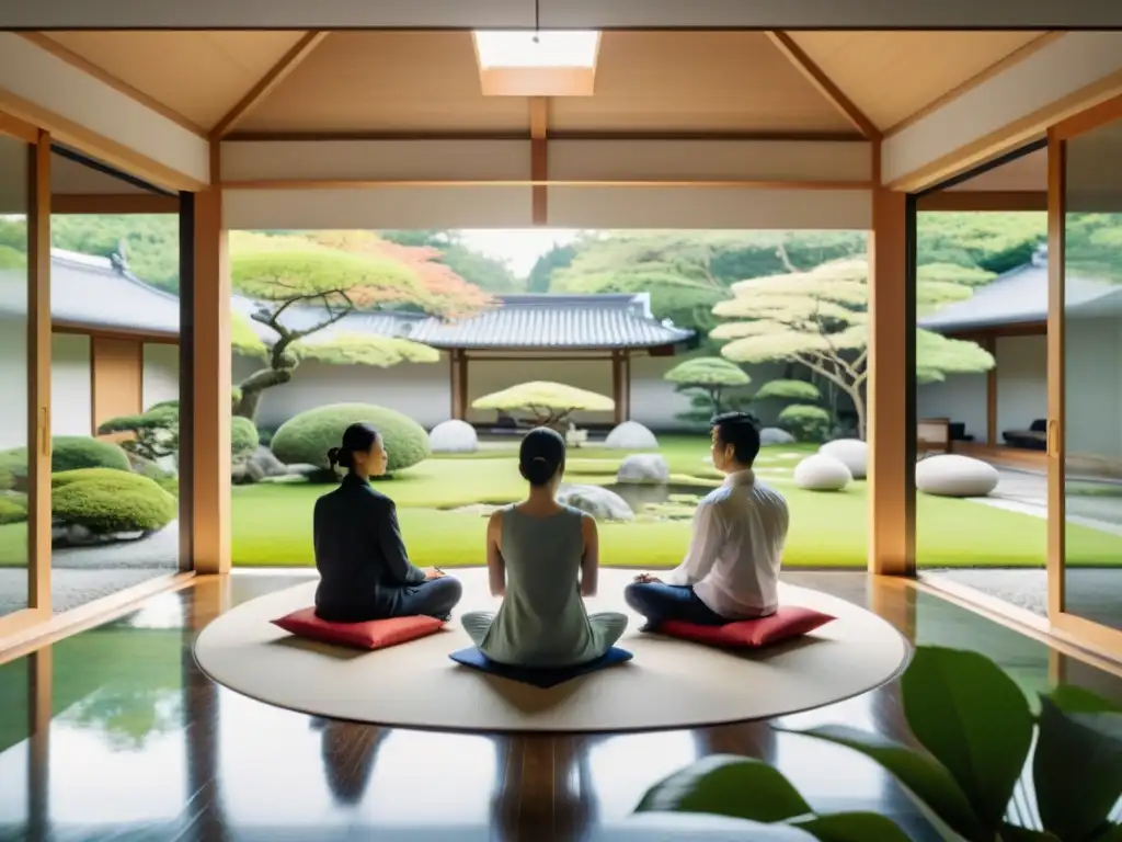 Profesionales en trajes de negocios meditan en un luminoso espacio con vista a un jardín zen, integrando la meditación Zen en decisiones estratégicas