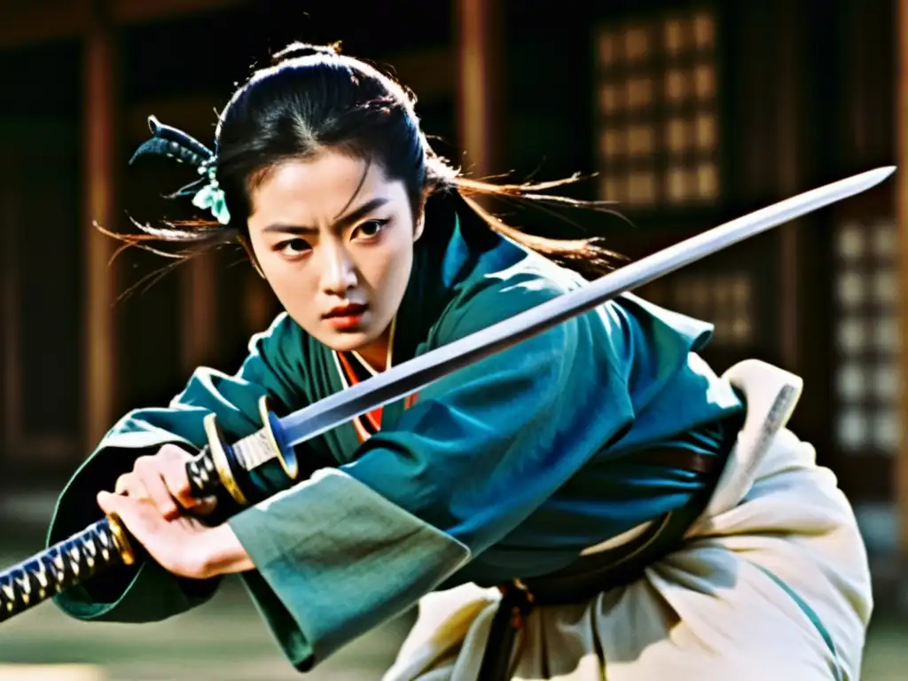 Yuki, la protagonista de Lady Snowblood, desata su destreza en una intensa escena de combate samurái, reflejando fuerza y determinación