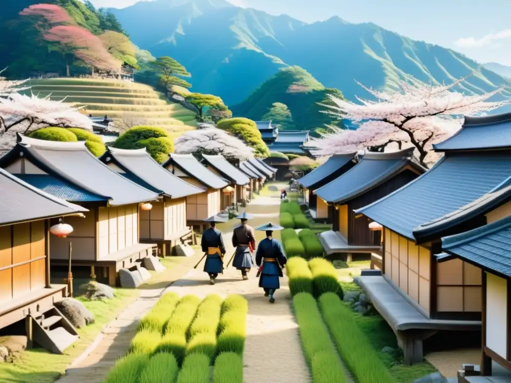 Un pueblo feudal japonés con samuráis, montañas y sakuras