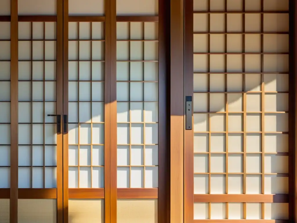 Una puerta Shoji japonesa tradicional muestra una exquisita elaboración en madera y papel translúcido, creando una atmósfera serena y pacífica