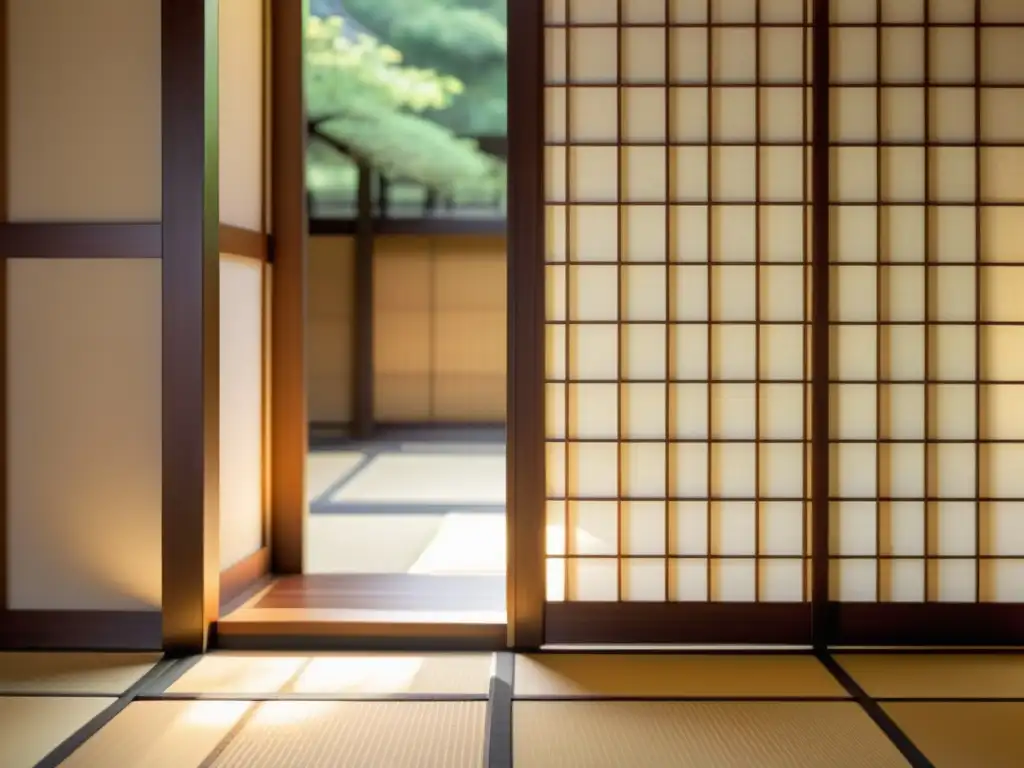 Una puerta shoji japonesa tradicional, con delicado papel washi y marcos de madera, irradia calidez sobre el tatami