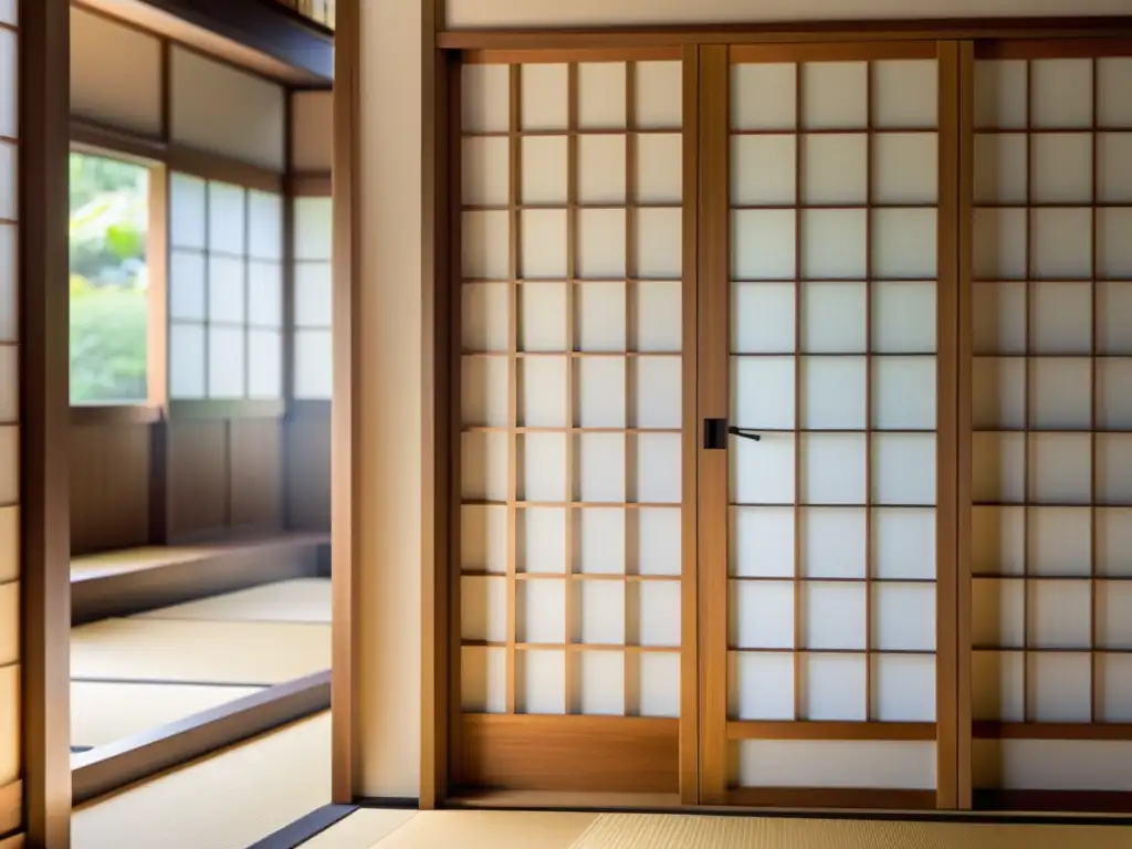 Una puerta Shoji japonesa tradicional con intrincado trabajo de madera y paneles de papel de arroz translúcido, bañada en suave luz natural