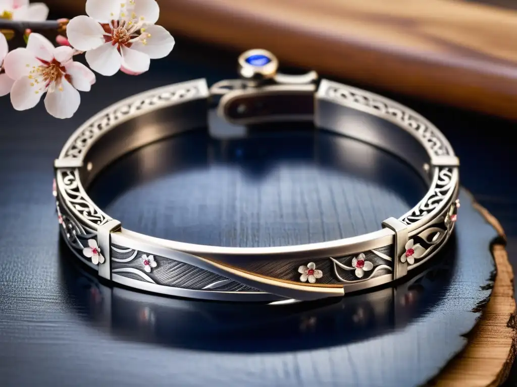 Una pulsera de plata inspirada en katanas japonesas, con grabados de cerezos y olas, y un zafiro en el centro