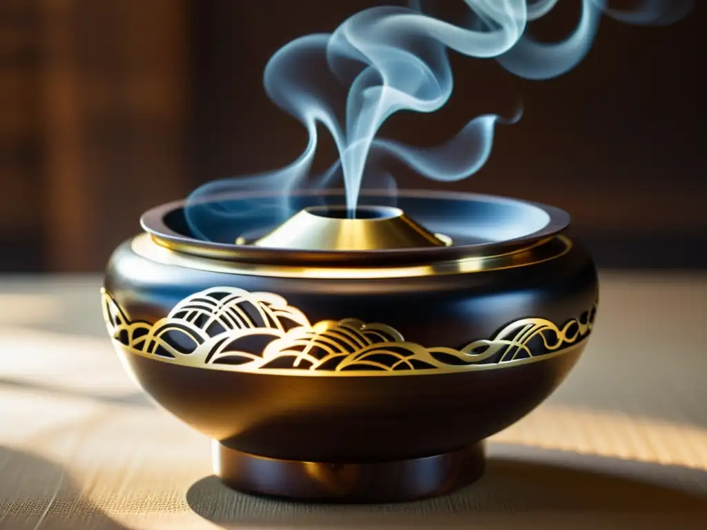 Un quemador de incienso japonés de madera oscura con motivos dorados, envuelto en humo fragante