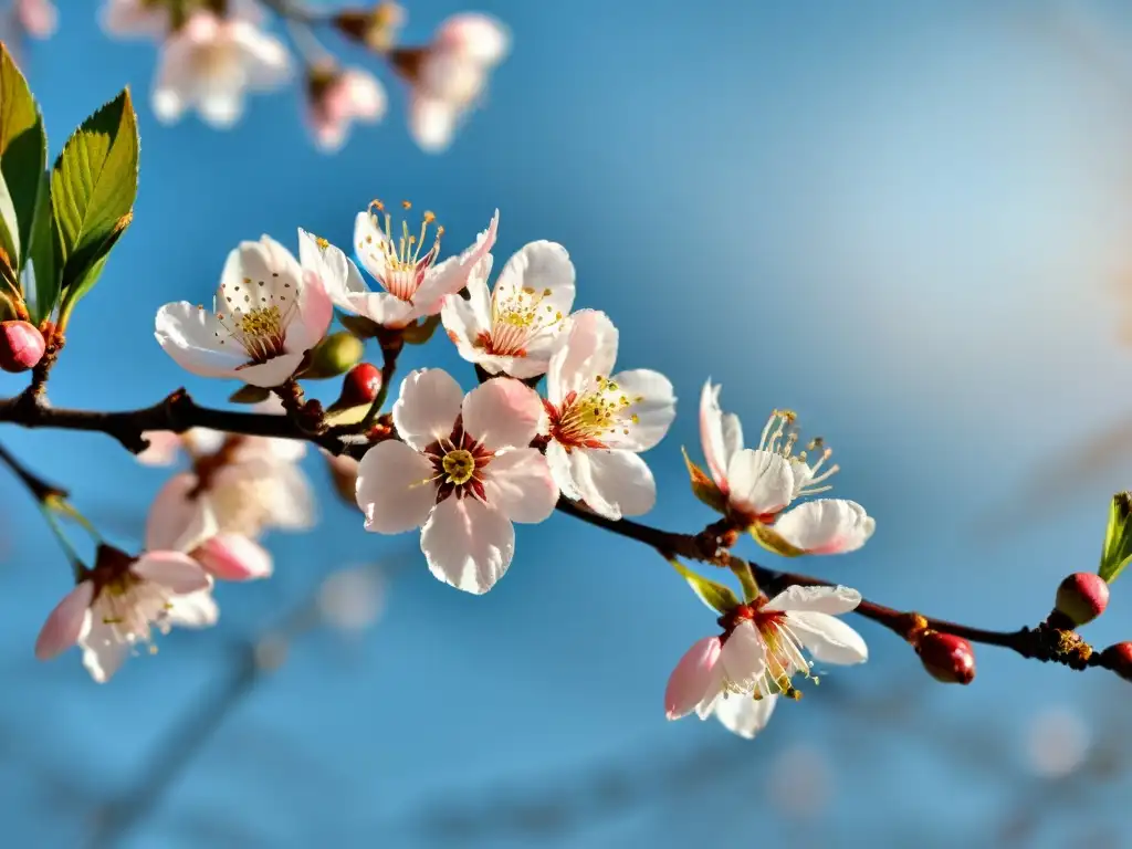 Una rama de cerezo en flor con delicados pétalos rosados y cielo azul