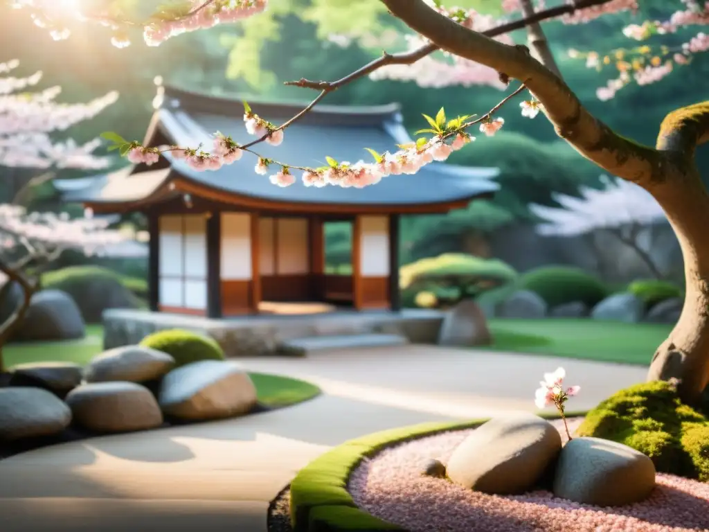 Ramas de cerezo en flor en jardín japonés