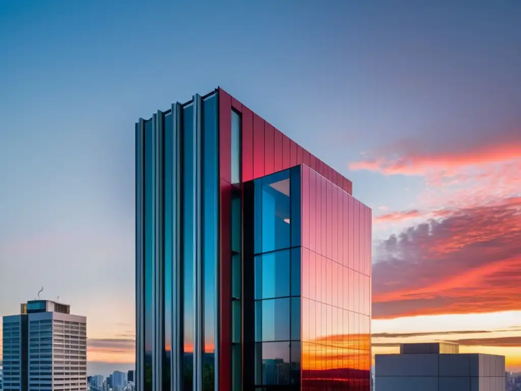 Un rascacielos minimalista refleja la elegante arquitectura samurái moderna, enmarcado por un atardecer carmesí