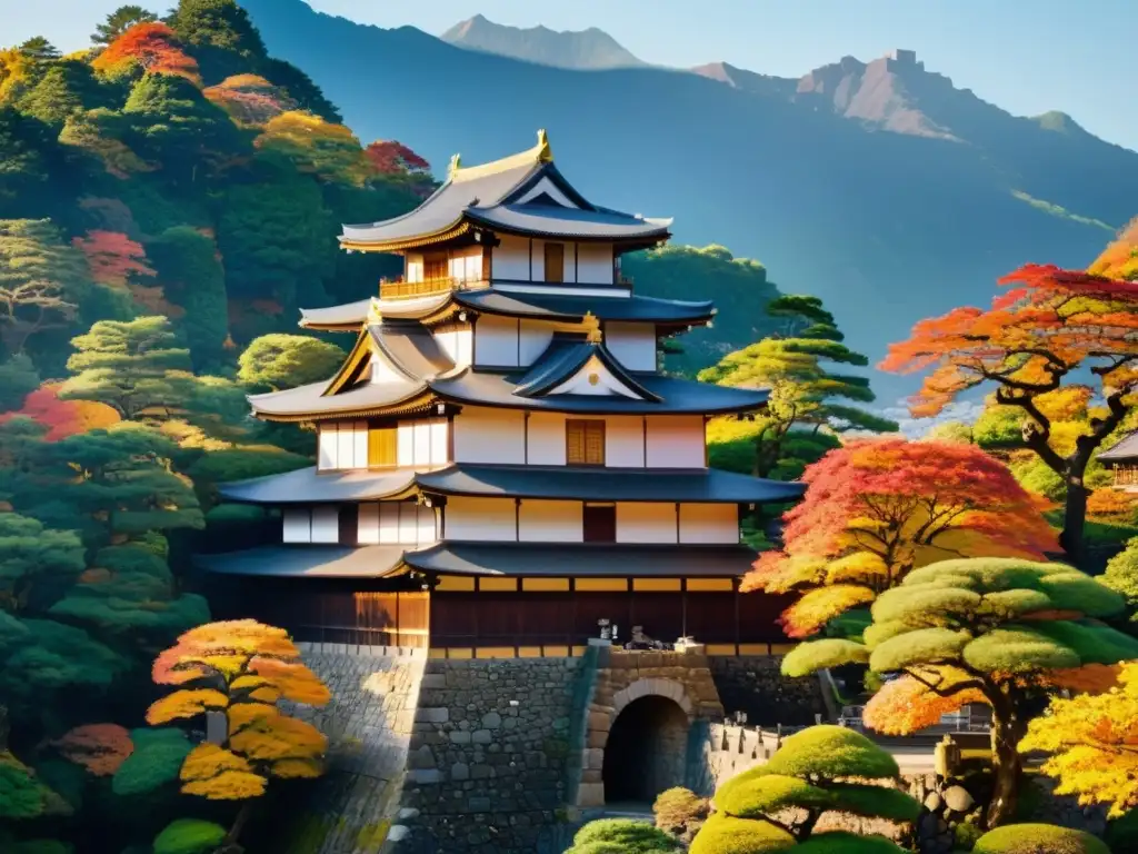 Realidad aumentada para castillos samuráis: Majestuoso castillo japonés y paisaje otoñal con detalles precisos y cálida luz del atardecer