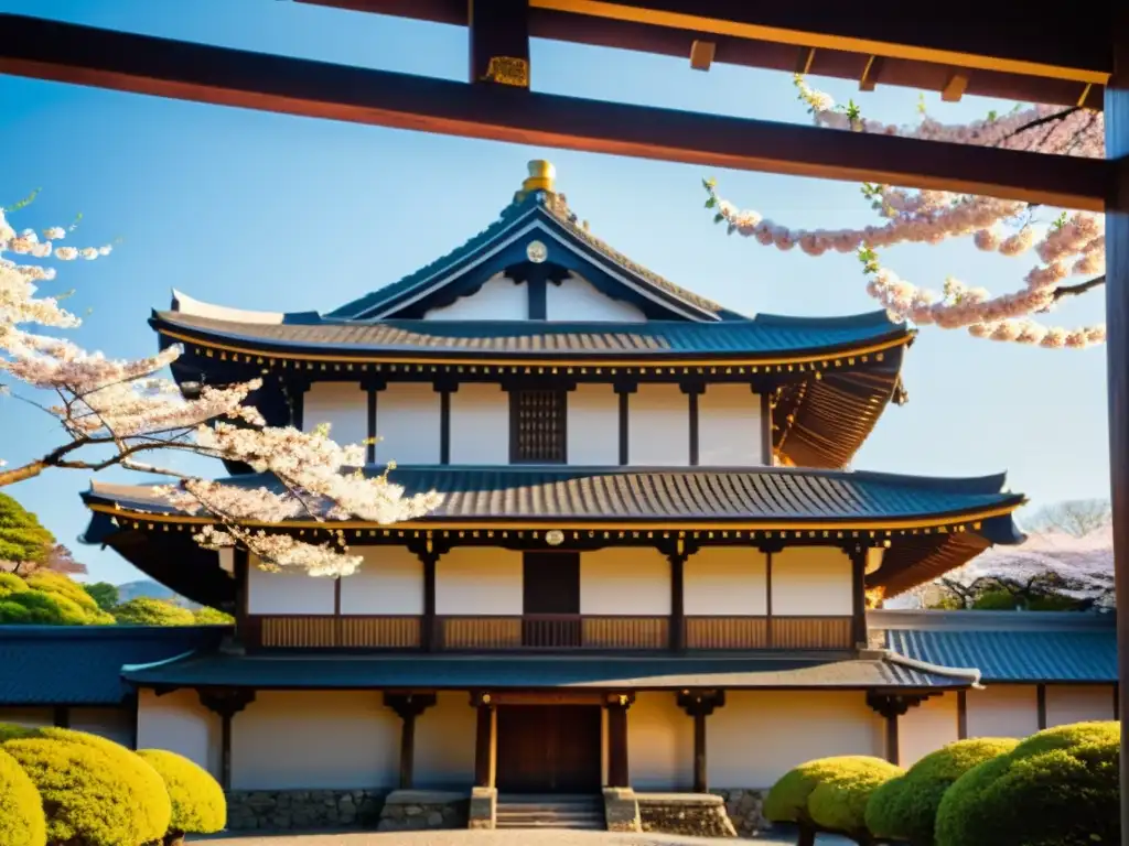 Realidad aumentada para castillos samuráis: Detalles arquitectónicos de un castillo japonés con árboles de cerezo en flor