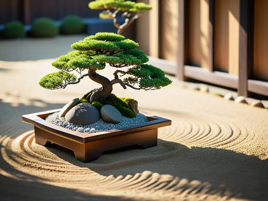 Un jardín zen como refugio espiritual, con arena y rocas cuidadosamente colocadas, un bonsái y una estructura japonesa tradicional al fondo