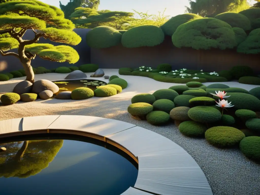 Un jardín zen como refugio espiritual: grava cuidadosamente rastrillada, rocas y árboles podados, con una atmósfera serena y meditativa al atardecer