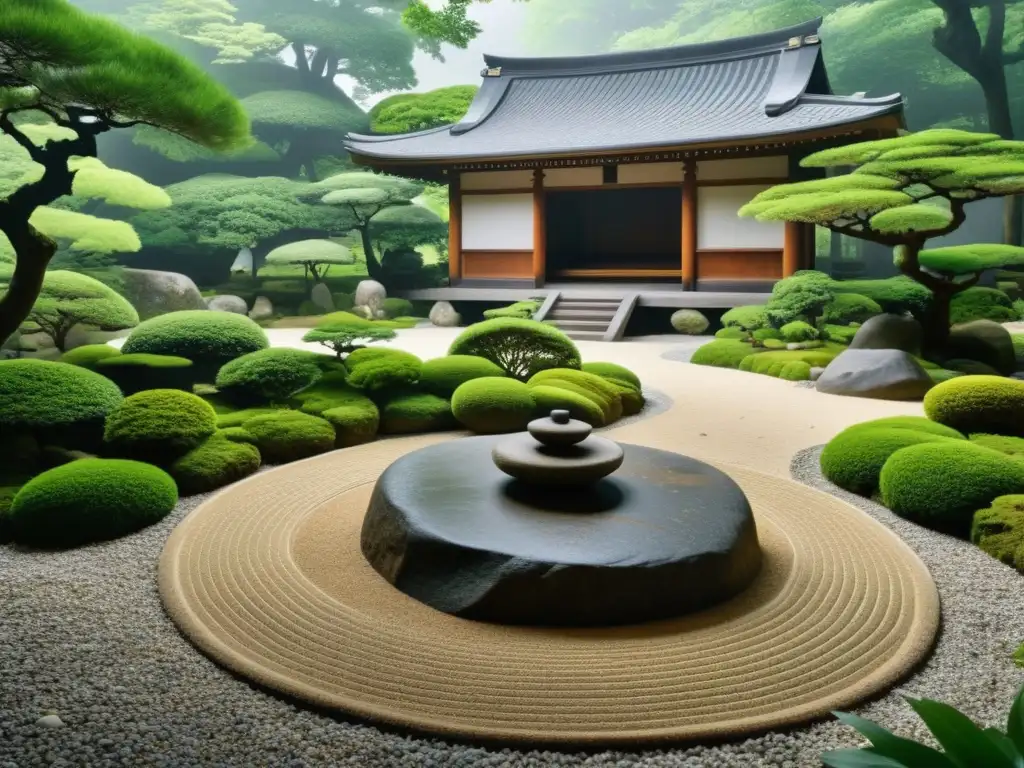 Jardín Zen como refugio espiritual: un paisaje japonés sereno con un jardín de rocas, templo y niebla, invita a la contemplación y armonía