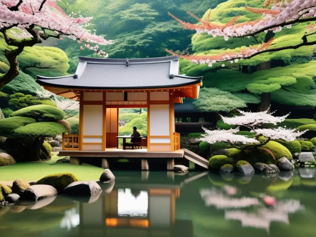 Un refugio secreto en el bosque: samuráis en una casa de té japonesa rodeada de cerezos en flor