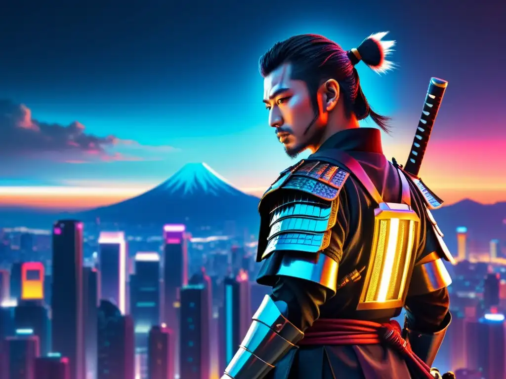 Una reinterpretación moderna y una samurai tradicional frente a un paisaje urbano futurista