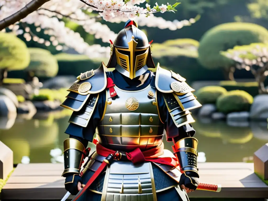 Una réplica detallada de un set de armadura samurái exhibida en un tranquilo jardín japonés con árboles de cerezos en flor y un estanque de peces koi