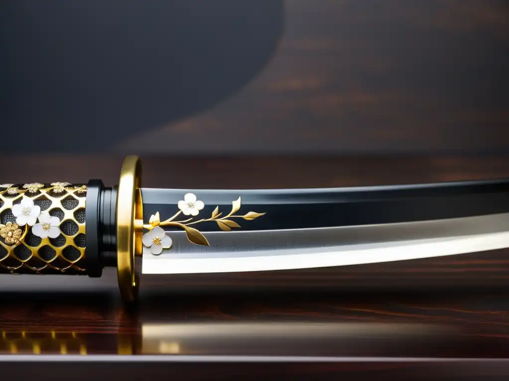 Réplicas de espadas samurái auténticas: Detalle de katana japonesa con hoja de acero pulido, tsuba de cerezos en oro y tsuka de seda blanca