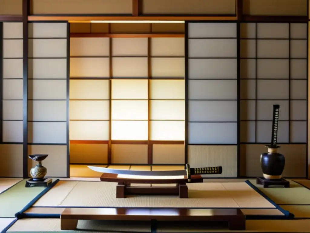 Réplicas de espadas samurái auténticas en elegante interior japonés con shoji, tatamis y bonsáis, reflejando historia y armonía