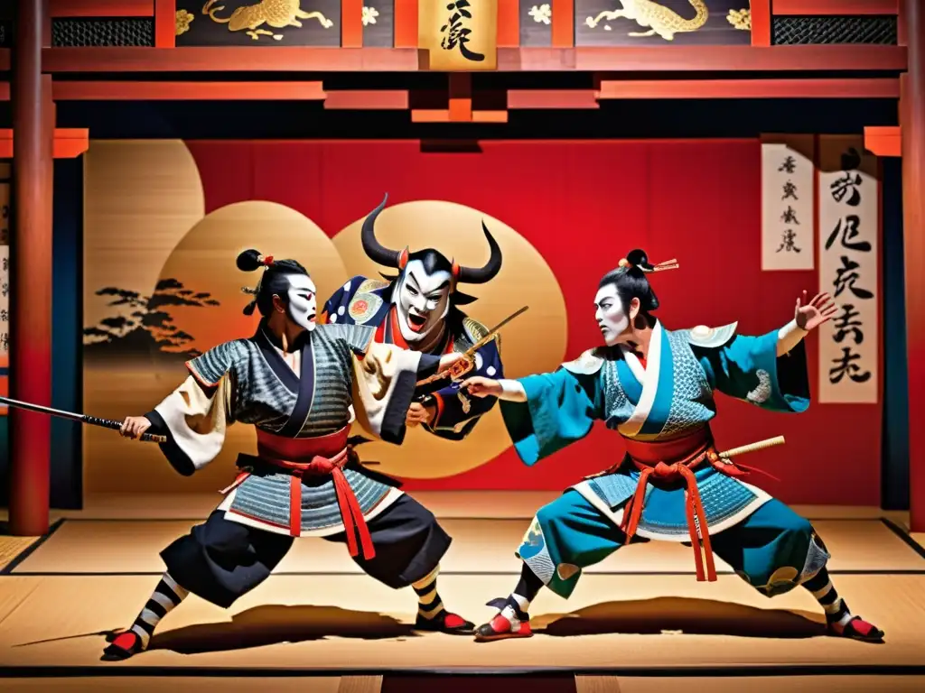 Una representación de samuráis en un drama japonés, con intensa batalla en escenario kabuki