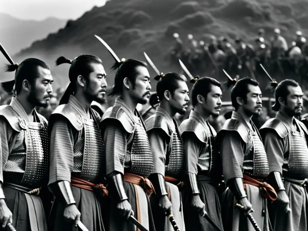 Representaciones del Bushido en el Cine: Imagen de alta resolución en blanco y negro de los samuráis de 'Seven Samurai' de Akira Kurosawa, listos para la batalla