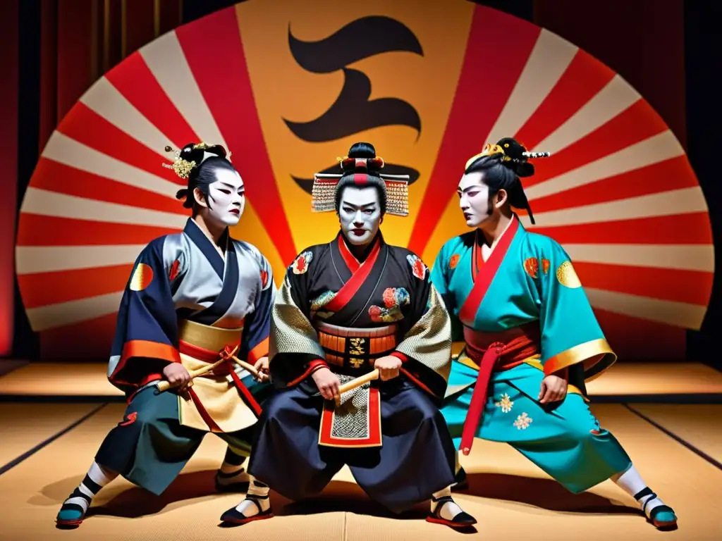 Representaciones del Kabuki Moderno Samuráis: Actores en trajes tradicionales, rostros pintados y expresiones intensas en una dramática actuación