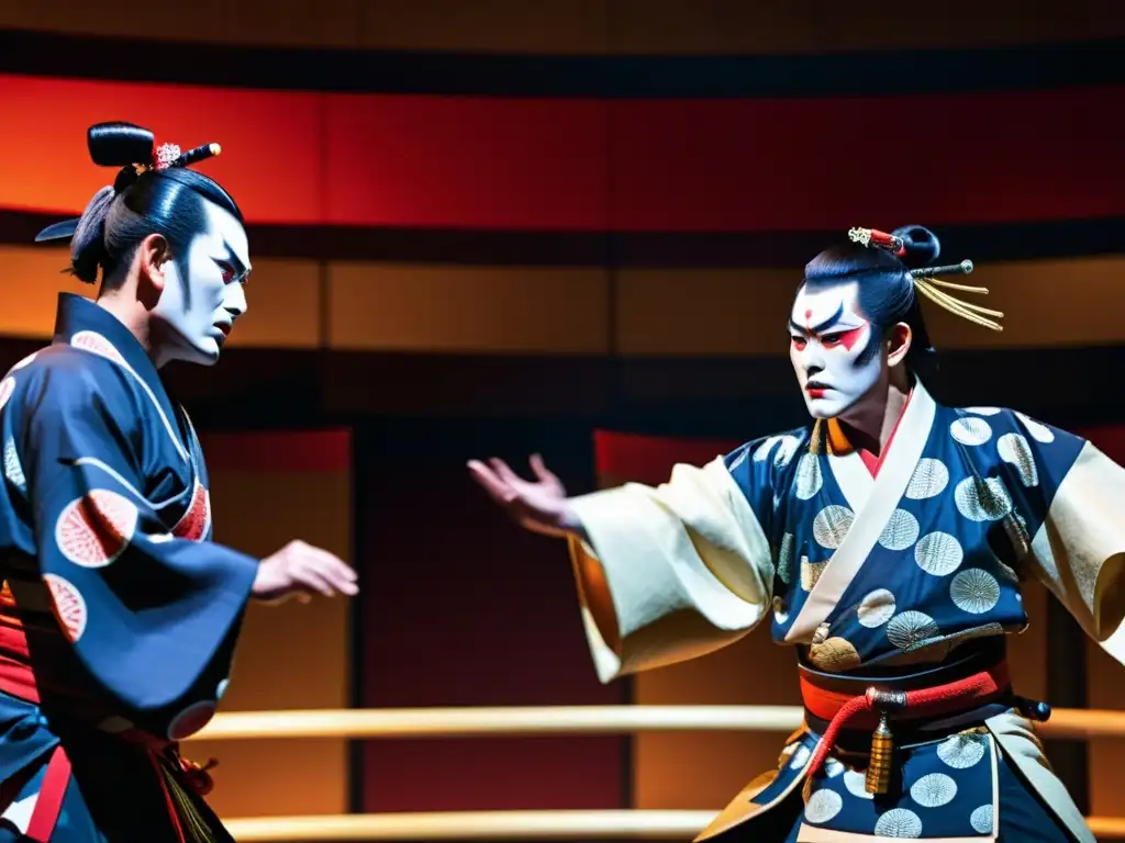 Representaciones del Kabuki Moderno Samuráis: Impactante actuación con trajes elaborados, maquillaje dramático y expresiones intensas en escena