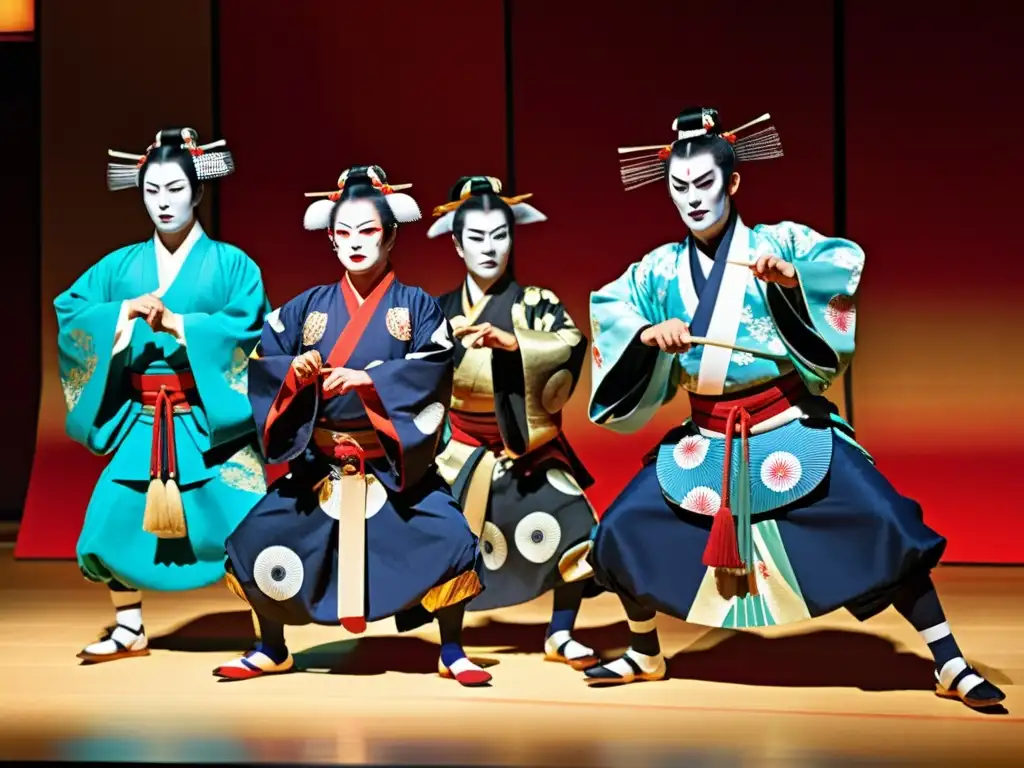 Representaciones del Kabuki Moderno Samuráis: Actores en escena con trajes y maquillaje tradicional, expresando pasión y poder