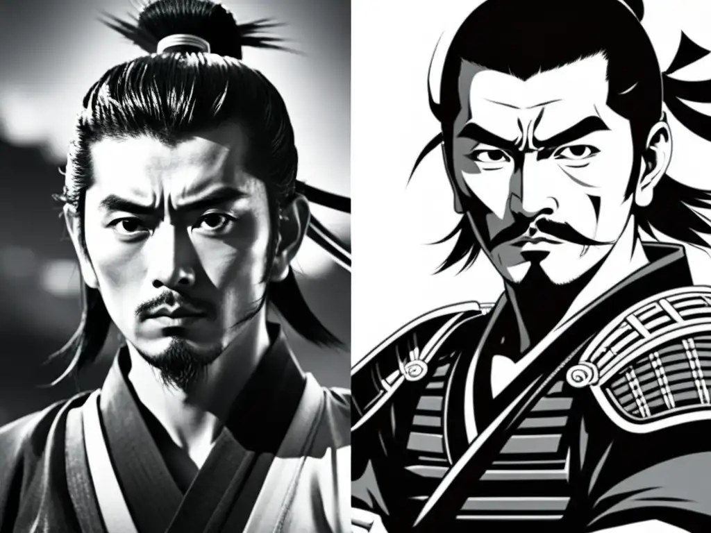 Dos representaciones de Miyamoto Musashi: una en armadura samurái clásica y otra en un estilo anime dinámico