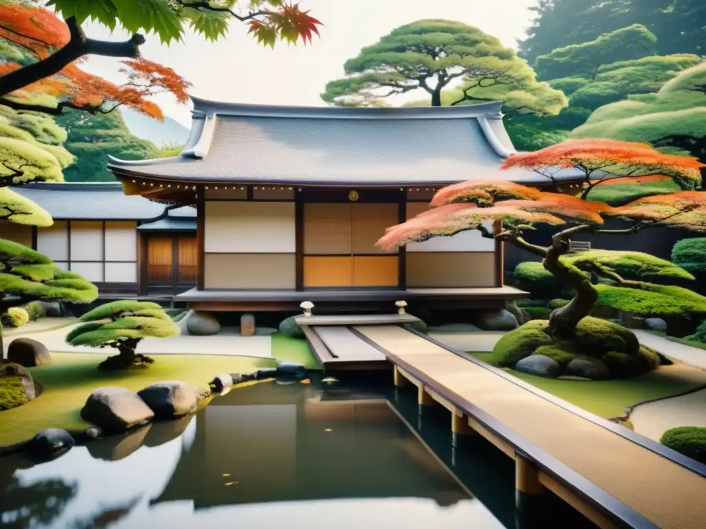 Residencia privada de antiguos samuráis con jardín sereno, bonsáis cuidados, casa de té y estanque de peces koi, reflejando la elegancia japonesa