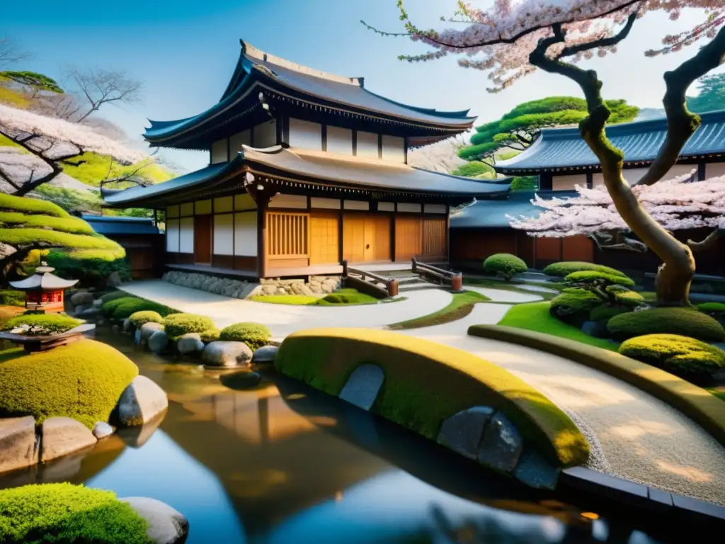 Residencia samurái con jardín de rocas y árboles de cerezo en flor, influencia del Shinto y Budismo en arquitectura samurái