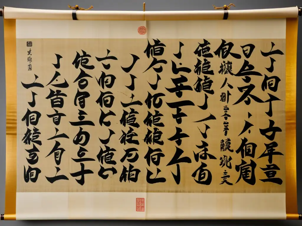 Una fotografía de alta resolución de un pergamino de caligrafía japonesa tradicional, destacando intrincados caracteres de tinta negra que narran la historia de antiguos samuráis y su código de honor